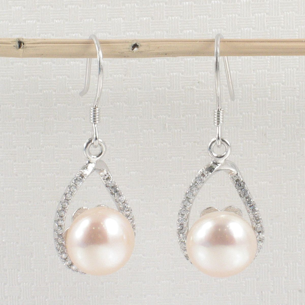 Sterling Silver Pink Pearl 88 CZ Hook Earrings
