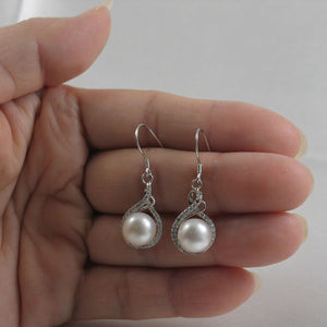 Sterling Silver White Pearl CZ Hook Earrings (50 CZ)