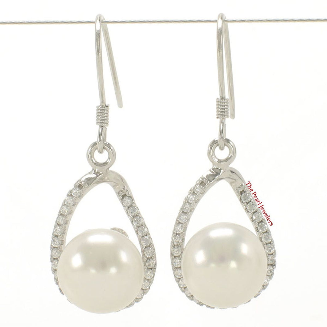 Sterling Silver White Pearl 88 CZ Hook Earrings