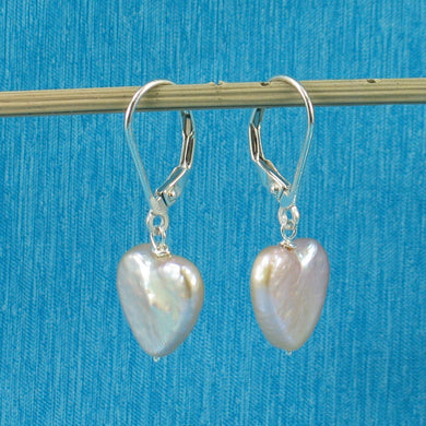 Sterling Silver Heart-Shaped Pink Coin Pearl Leverback Earrings