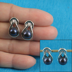 Sterling Silver Love Knot Black Pearl Stud Earrings