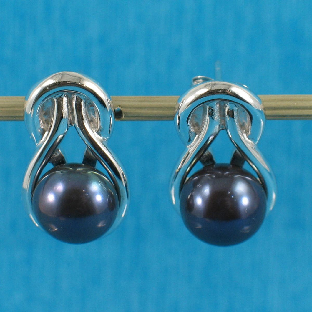 Sterling Silver Love Knot Black Pearl Stud Earrings