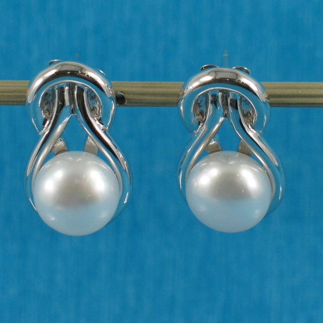 Sterling Silver Love Knot White Pearl Stud Earrings