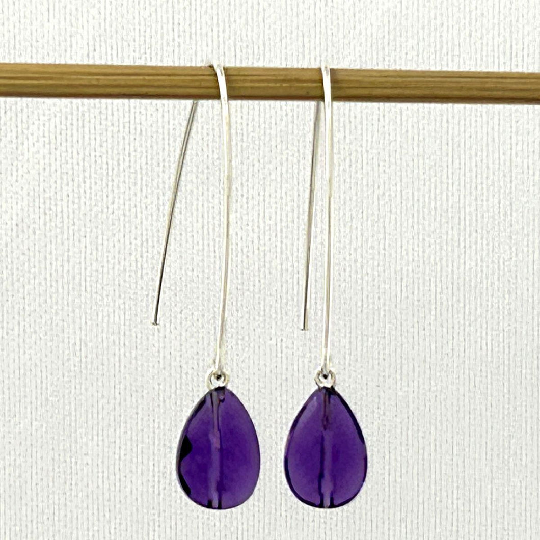 Sterling Silver Amethyst V-Shaped Wire Dangle Earrings