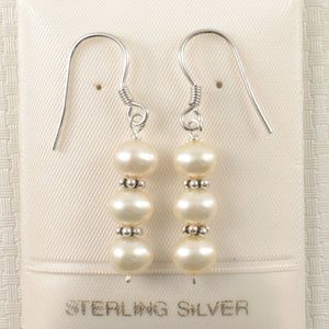 Sterling Silver Bali Bead White Pearl Hook Earrings