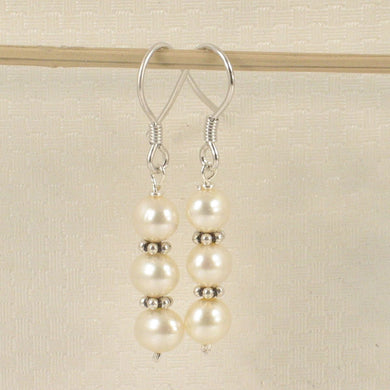 Sterling Silver Bali Bead White Pearl Hook Earrings
