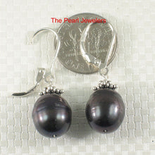 Load image into Gallery viewer, Sterling Silver Bali Bead Black Pearl Leverback Earrings