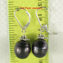 Load image into Gallery viewer, Sterling Silver Bali Bead Black Pearl Leverback Earrings