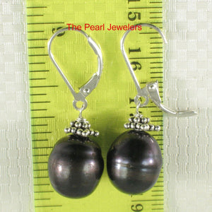 Sterling Silver Bali Bead Black Pearl Leverback Earrings