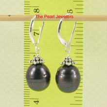 Load image into Gallery viewer, Sterling Silver Bali Bead Black Pearl Leverback Earrings