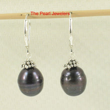 Load image into Gallery viewer, Sterling Silver Bali Bead Black Pearl Leverback Earrings