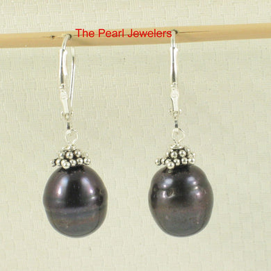 Sterling Silver Bali Bead Black Pearl Leverback Earrings