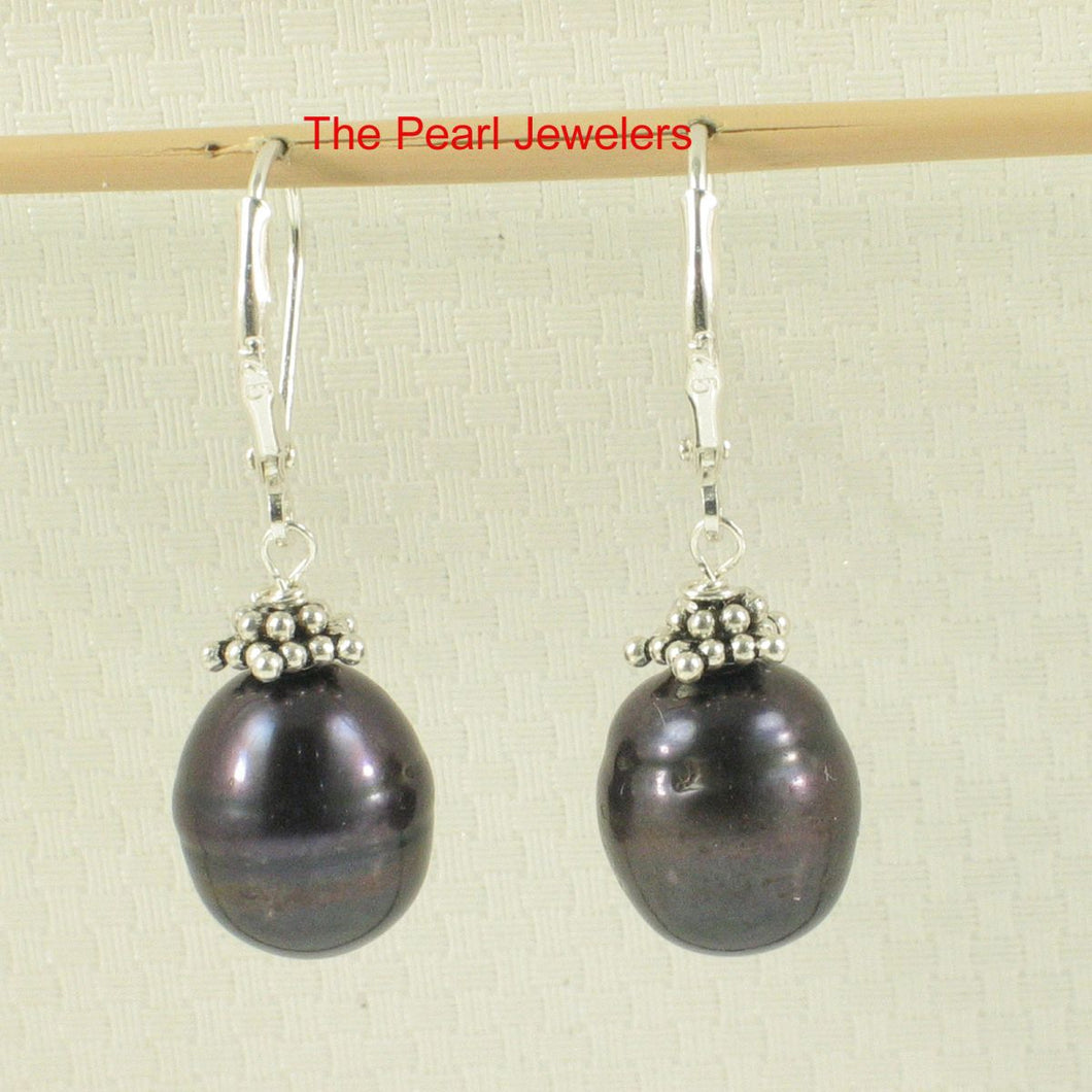 Sterling Silver Bali Bead Black Pearl Leverback Earrings