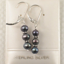 Load image into Gallery viewer, Sterling Silver Bali Bead Black Pearl Leverback Earrings
