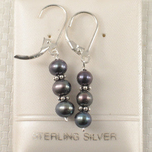 Sterling Silver Bali Bead Black Pearl Leverback Earrings