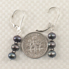 Load image into Gallery viewer, Sterling Silver Bali Bead Black Pearl Leverback Earrings