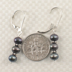 Sterling Silver Bali Bead Black Pearl Leverback Earrings