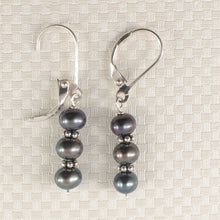 Load image into Gallery viewer, Sterling Silver Bali Bead Black Pearl Leverback Earrings