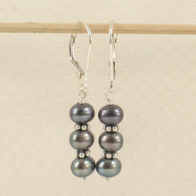 Load image into Gallery viewer, Sterling Silver Bali Bead Black Pearl Leverback Earrings