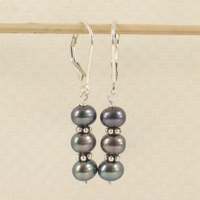 Sterling Silver Bali Bead Black Pearl Leverback Earrings