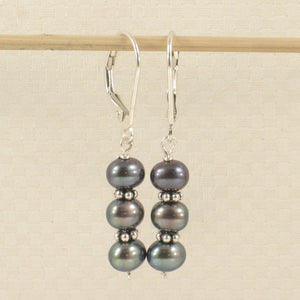 Sterling Silver Bali Bead Black Pearl Leverback Earrings