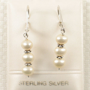 Sterling Silver Bali Bead White Pearl Leverback Earrings