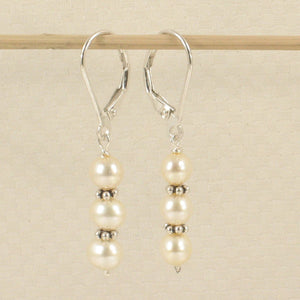 Sterling Silver Bali Bead White Pearl Leverback Earrings