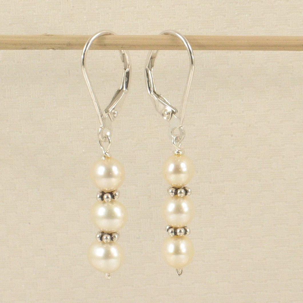 Sterling Silver Bali Bead White Pearl Leverback Earrings