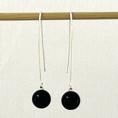 Sterling Silver Black Onyx V-Shaped Wire Dangle Earrings (8mm Smooth)