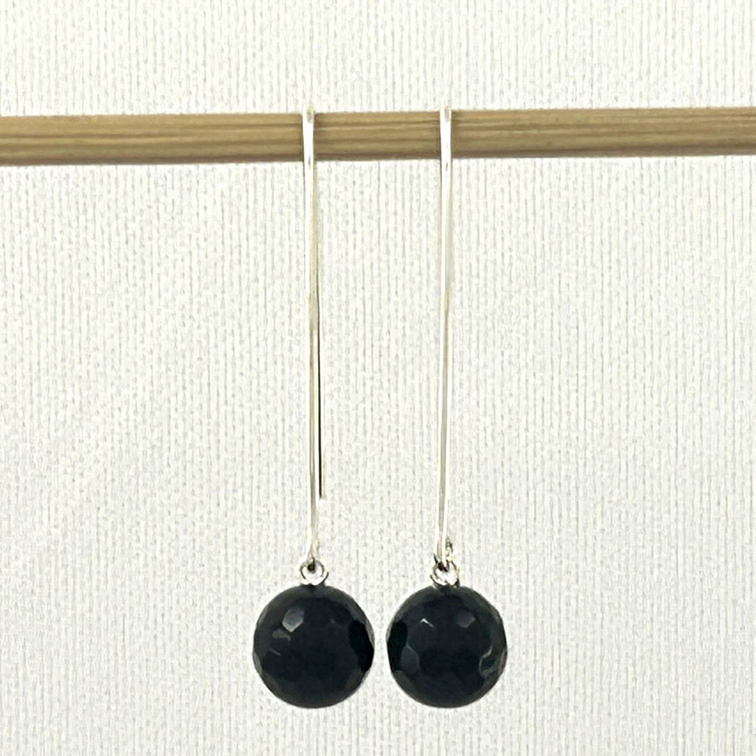 Sterling Silver Black Onyx V-Shaped Wire Dangle Earrings (8mm Faceted)