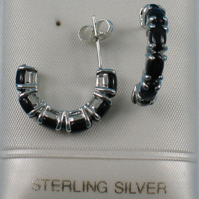 Solid Sterling Silver 925 Black Onyx & Jade 12-Stone C Hoop Earrings