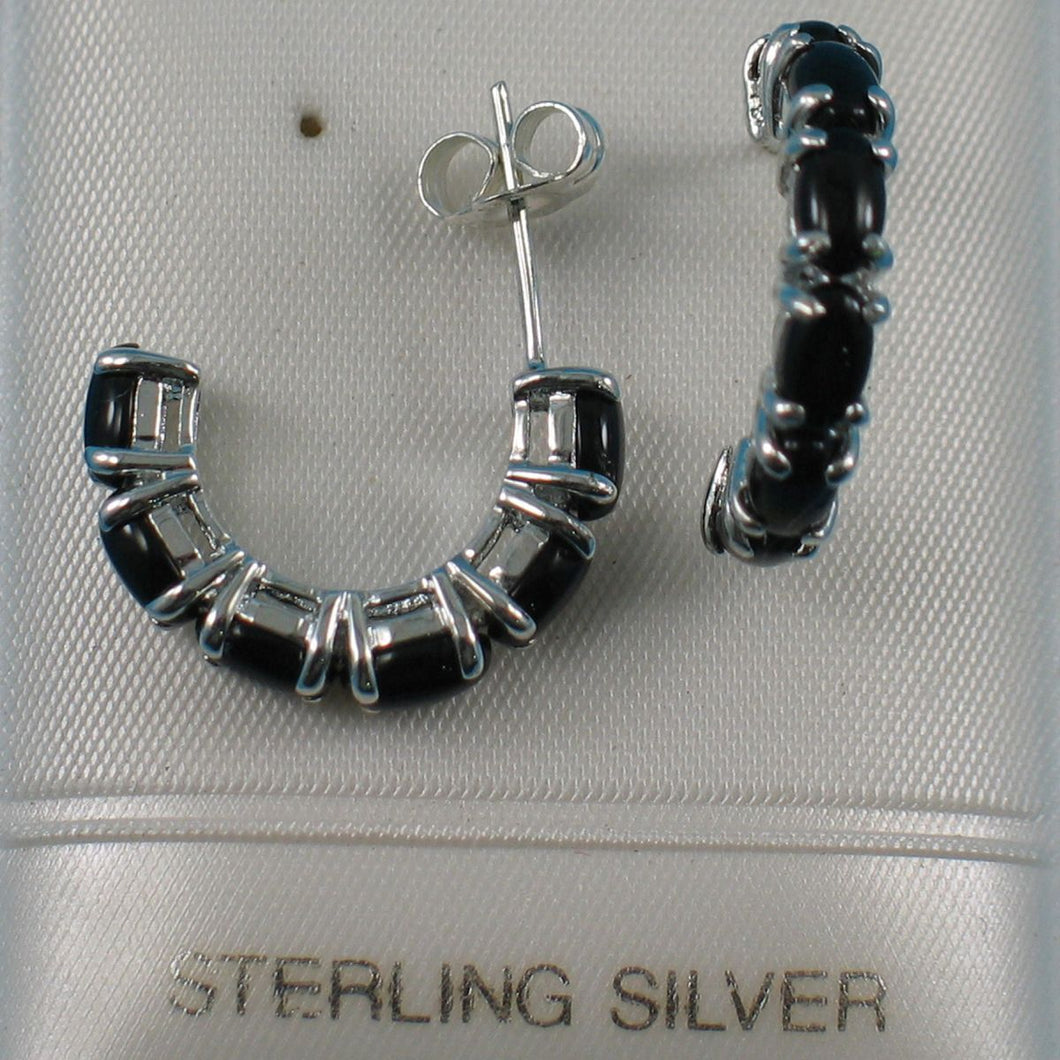 Solid Sterling Silver 925 Black Onyx & Jade 12-Stone C Hoop Earrings