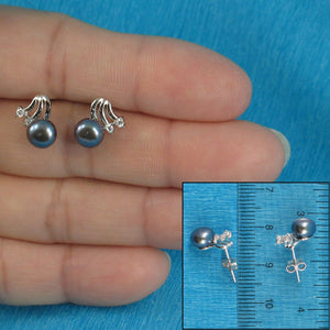 Sterling Silver Black Pearl & 4 CZ Stud Earrings