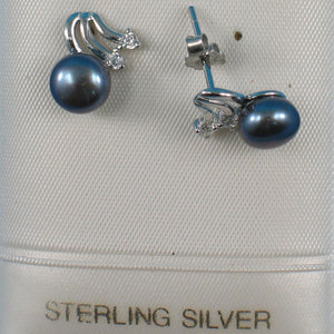Sterling Silver Black Pearl & 4 CZ Stud Earrings