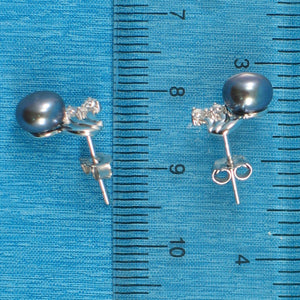 Sterling Silver Black Pearl & 4 CZ Stud Earrings