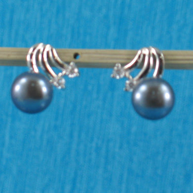 Sterling Silver Black Pearl & 4 CZ Stud Earrings