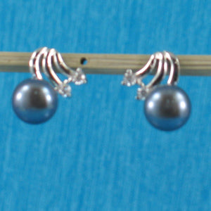 Sterling Silver Black Pearl & 4 CZ Stud Earrings
