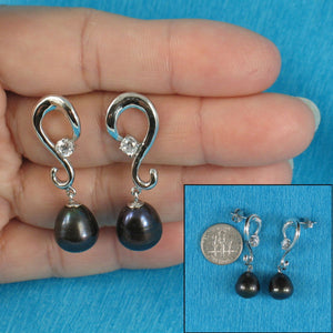 Sterling Silver .925 Black Pearl & CZ Dangle Earrings