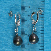 Load image into Gallery viewer, Sterling Silver .925 Black Pearl &amp; CZ Dangle Earrings