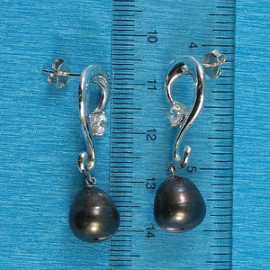 Sterling Silver .925 Black Pearl & CZ Dangle Earrings