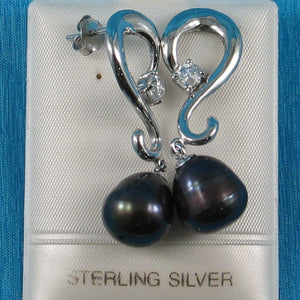 Sterling Silver .925 Black Pearl & CZ Dangle Earrings