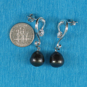 Sterling Silver .925 Black Pearl & CZ Dangle Earrings