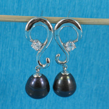 Load image into Gallery viewer, Sterling Silver .925 Black Pearl &amp; CZ Dangle Earrings