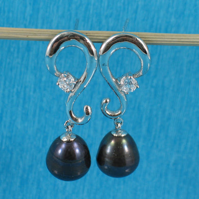 Sterling Silver .925 Black Pearl & CZ Dangle Earrings