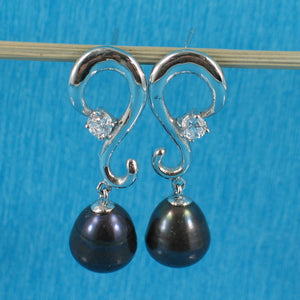 Sterling Silver .925 Black Pearl & CZ Dangle Earrings