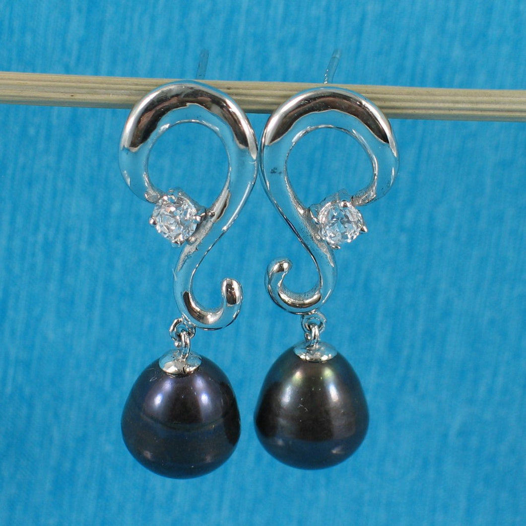 Sterling Silver .925 Black Pearl & CZ Dangle Earrings