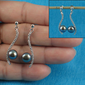 Sterling Silver Black Pearl & CZ Dangle Stud Earrings