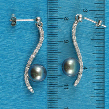 Load image into Gallery viewer, Sterling Silver Black Pearl &amp; CZ Dangle Stud Earrings