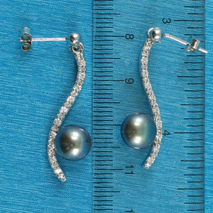 Sterling Silver Black Pearl & CZ Dangle Stud Earrings