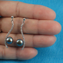 Load image into Gallery viewer, Sterling Silver Black Pearl &amp; CZ Dangle Stud Earrings